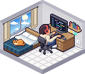 Pixel-art bedroom: someone in red headphones types at a desk with code on the monitor, while an orange cat sleeps on the bed.